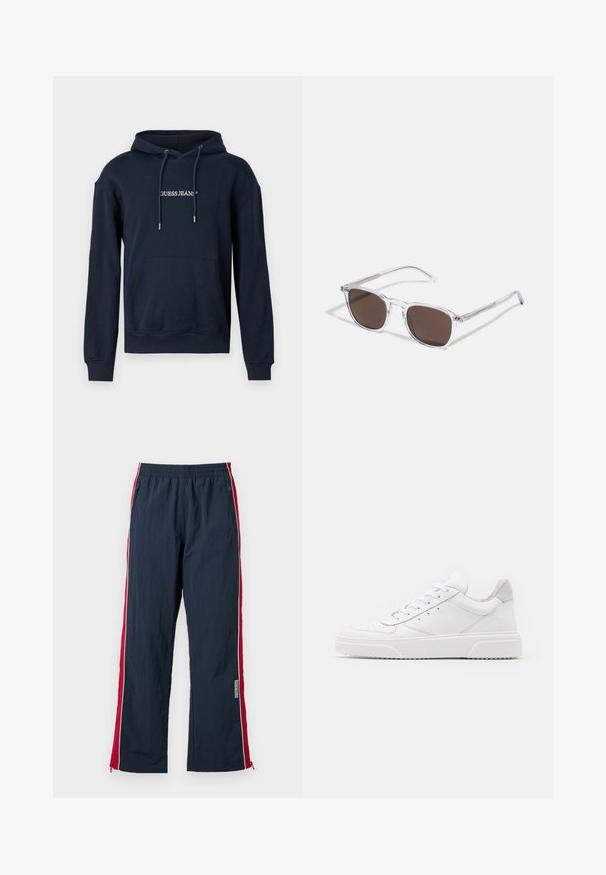 Μπλούζα τύπου hoodie σε ναυτικό μπλε χρώμα, φτιαγμένη από ύφασμα με βαμβακερή σύνθεση, διαθέτει καγκουρό τσέπη, κουκούλα με κορδόνι και λογότυπο "GUESS JEANS" σε λευκό χρώμα στο στήθος.; Ναυτικές αθλητικές παντελόνες με ελαστική μέση και κόκκινες πλευρικές ρίγες. Διαθέτουν λευκή περιτύλιξη και φερμουάρ στο ύψος του αστραγάλου για ρυθμίσεις. Ελαφρύ υλικό.; Λευκά δερμάτινα αθλητικά παπούτσια με απλή επιφάνεια, στρογγυλή μύτη, επίπεδα κορδόνια και ανάγλυφη σόλα. Γκρι σουέτ λεπτομέρεια στη φτέρνα.; Διαφανή πλαστικά γυαλιά ηλίου με ορθογώνιους καφέ φακούς, με λεπτούς, διαφανείς βραχίονες και μεταλλικές λεπτομέρειες στους βραχίονες.