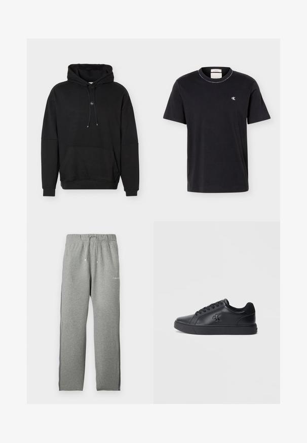 Zwarte hoodie met lange mouwen, voorzak in kangaroestijl, verstelbare capuchon met trekkoord en klein, gecentreerd logo op de borst.; Zwart T-shirt met korte mouwen en ronde hals, met een klein wit "cK"-logo op de linkerborst, klassieke pasvorm, eenvoudig ontwerp.; Lichtgrijze joggingbroek met elastische tailleband, trekkoord, zwarte strepen aan de zijkant en een klein wit Calvin Klein-logo aan de voorkant.; Zwarte leren sneakers met vetersluiting, rubberen zool en reliëflogo op de zijkant, met een gladde textuur en minimalistische stijl.