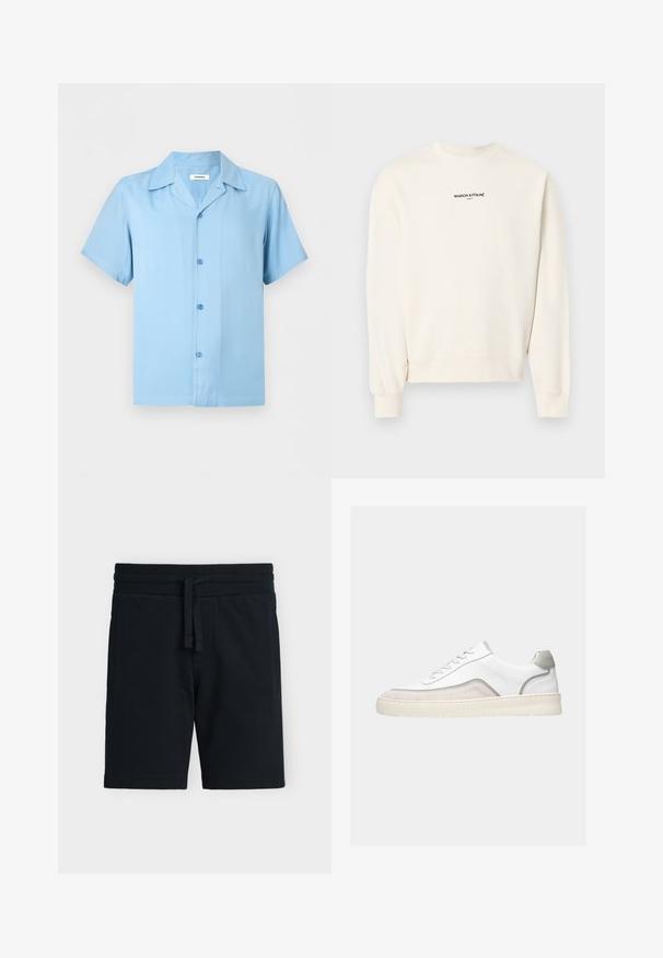 Sweat-shirt à manches longues et col ras-du-cou de couleur blanc cassé avec le texte "MAISON KITSUNÉ PARIS" imprimé en noir sur la poitrine.; Chemise bleu clair à manches courtes avec col pointu, quatre boutons sur le devant et un ourlet droit.; Shorts en maille texturée noire avec taille élastique et cordon, équipés de poches latérales, présentés à plat sur fond blanc.; Baskets basses blanches avec des touches de daim beige, des finitions grises, des lacets blancs et une semelle épaisse en caoutchouc blanc cassé, vues de côté sur un fond clair.