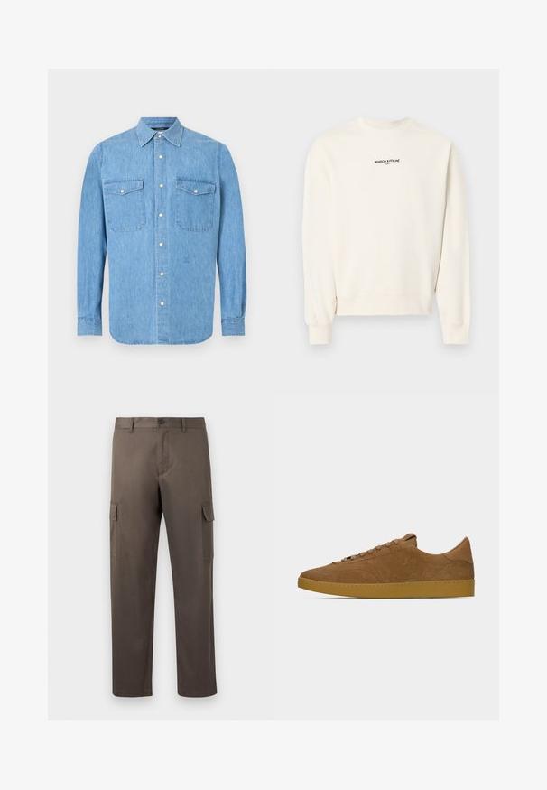 Sweat-shirt à manches longues et col ras-du-cou de couleur blanc cassé avec le texte "MAISON KITSUNÉ PARIS" imprimé en noir sur la poitrine.; Chemise en denim bleu clair à manches longues avec fermeture boutonnée sur le devant et deux poches poitrine à rabat avec boutons-pression sur fond blanc.; Pantalon cargo de couleur marron sourd, en tissu de coton lisse, avec des poches latérales et une coupe droite.; Baskets basses en daim marron avec lacets assortis et semelle en caoutchouc gomme, présentées en profil gauche sur un fond gris clair uni.