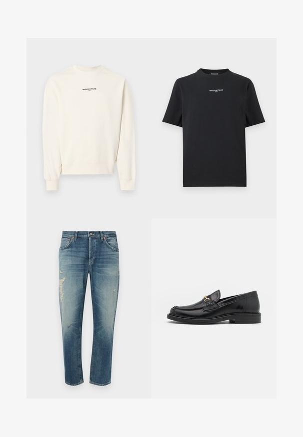 Off-white langærmet sweatshirt med rund hals og teksten "MAISON KITSUNÉ PARIS" trykt i sort på brystet.; Sort t-shirt med korte ærmer og "MAISON KITSUNÉ PARIS" trykt i små hvide bogstaver centreret på brystet.; Lyseblå denimjeans med afslappet pasform, der har slidte pletter, knaplukning og fem lommer. Maskinvask anbefales.; Sorte læder loafers med en rund tå, der har guld hardware accent og syningsdetaljer, placeret på en lav, tekstureret gummisål.