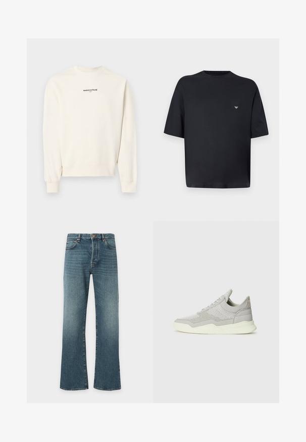 Off-white langærmet sweatshirt med rund hals og teksten "MAISON KITSUNÉ PARIS" trykt i sort på brystet.; Sort oversized T-shirt med korte ærmer og lille hvidt logo på venstre bryst, vist mod lys grå baggrund.; Blå denimjeans med let vidde forneden, klassisk fem-lomme design, knap- og lynlåslukning samt subtil falmen på lår.; Grå sneakers med mesh- og ruskindssektioner, gummisål og lyse farver. Har buet design og teksturerede paneler.