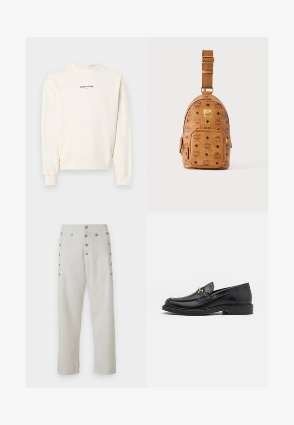 Off-white langærmet sweatshirt med rund hals og teksten "MAISON KITSUNÉ PARIS" trykt i sort på brystet.; Cremefarvede bukser med lige snit, der har dekorative detaljer i sølvfarvet knap på begge sider og en glat stofstruktur.; Sorte læder loafers med en rund tå, der har guld hardware accent og syningsdetaljer, placeret på en lav, tekstureret gummisål.; Lille tan farvet læder crossbody taske med justerbar rem, front lynlåslomme og gentagende sort MCM-logo mønster.