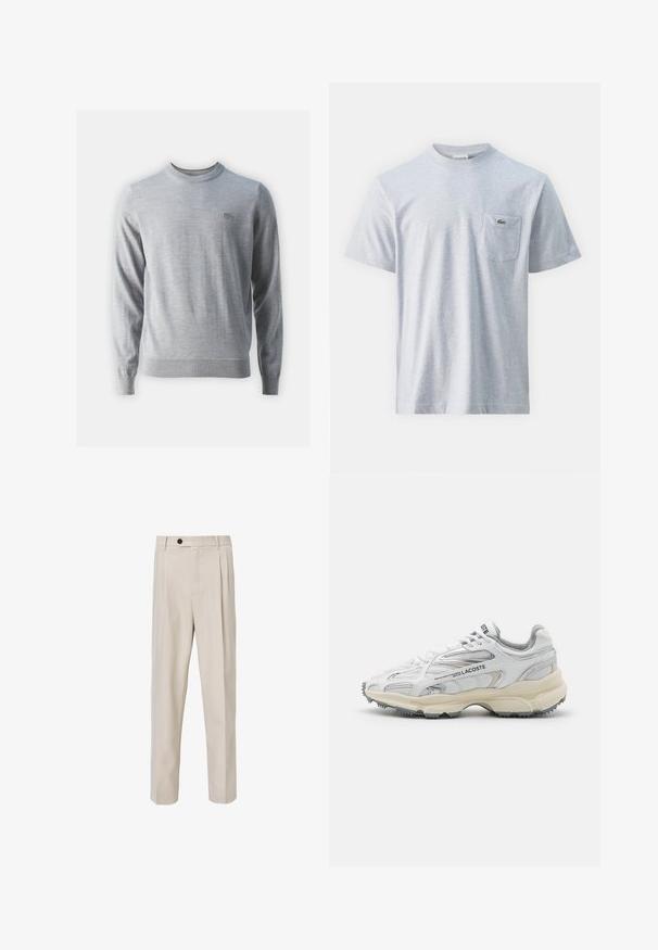 Grå strikket sweater med lange ærmer, rund hals og ribbede manchetter. Har et lille broderet logo på venstre bryst. Glat tekstur.; Grå bomulds t-shirt med korte ærmer, rund halsudskæring og en lomme på venstre bryst med et lille grønt logo. Glat tekstur, afslappet pasform.; Beige skræddersyede bukser med lige ben-design, der har frontplisseringer, knaplukning og en glat tekstur.; Hvide sportssko med grå detaljer, overdel i mesh og syntetiske materialer, snørebåndsdesign og tekstureret gummisål med grebemønstre.