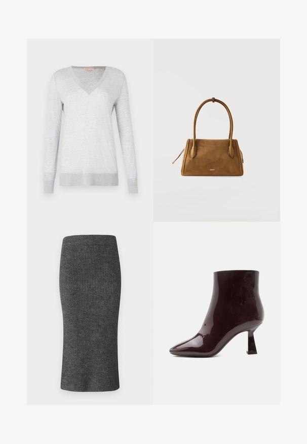 Lys grå langærmet sweater med V-hals, blød tekstur og ribbede ærmer og kant. Diskret meleret mønster i stoffet.; Grå ribbet blyantskørt med en tætsiddende facon, høj talje og glat tekstur. Designet til en strømlinet silhuet.; Skinnende mørkebrune laklæder-ankelstøvle med spids snude og blok-mellemhøj hæl på ensfarvet hvid baggrund.; Brun ruskind DKNY håndtaske med to lange håndtag og lynlås, vist mod en hvid baggrund.