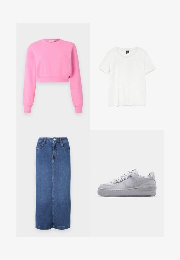 Rosa cropped sweatshirt med lange ærmer, rund halsudskæring og ribbede ærmer. Fremstillet af en blød bomuldsblanding med en glat overflade.; Hvid kortærmet t-shirt med rund halsudskæring, lavet af letvægtsstof. Enkel design, glat tekstur og lige kant.; Mørkeblå denim maxiskørt med lige snit, talje med knaplukning og minimale syninger.; Grå Nike Air Force 1 sneakers med perforeret tå, glat læderoverdel, tyk sål og præget 'AIR' detalje på hælen.