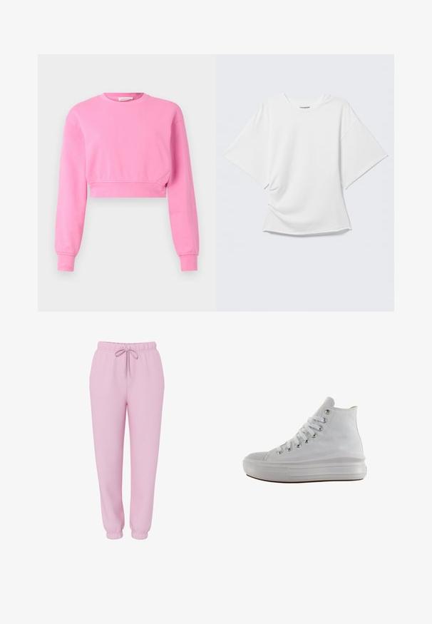Rosa cropped sweatshirt med lange ærmer, rund halsudskæring og ribbede ærmer. Fremstillet af en blød bomuldsblanding med en glat overflade.; Hvid oversized T-shirt med korte ærmer og rund hals vist på en lysegrå baggrund.; Lyserøde joggers med elastisk linning, snørebånd, sidelommer og elastiske manchetter, vist på hvid baggrund.; Hvid højt canvas sneaksko med hvide snørebånd, metaløjer, tyk gummisål og tekstureret tåhætte, vendt mod venstre på en hvid baggrund.