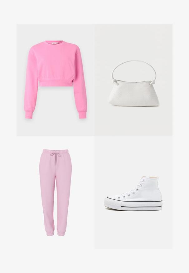 Rosa, verkürzter Sweatshirt mit langen Ärmeln, Rundhalsausschnitt und gerippten Bündchen. Hergestellt aus einem weichen Baumwollmix mit einer glatten Textur.; Hellrosa Jogginghose mit elastischem Bund, Kordelzug, Seitentaschen und elastischen Bündchen, abgebildet auf weißem Hintergrund.; Weiße High-Top-Sneaker aus einem Material aus Segeltuch, mit schwarzer Gummisohle und kontrastierendem schwarzen Streifen auf der Zwischensohle. Runde Zehenkappe und Schnürdesign.; Weiße gewebte Lederhandtasche mit abgerundetem Griff und verknoteten Riemenenden, vor schlichtem Hintergrund präsentiert.