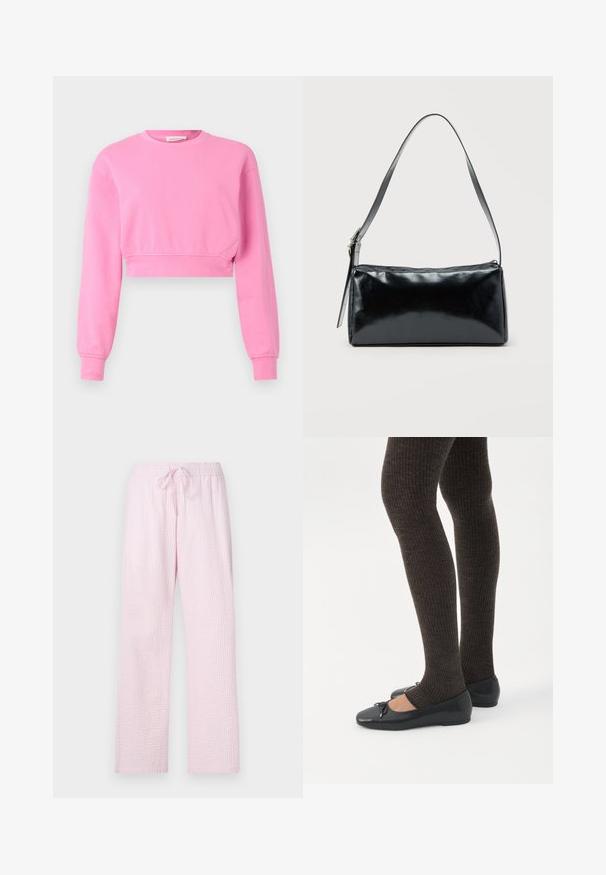 Sudadera corta rosa con mangas largas, escote redondo y puños acanalados. Confeccionada en una suave mezcla de algodón con una textura lisa.; Pantalones de pijama color rosa claro en una tela texturizada con un corte holgado, que cuentan con una cintura elástica y un cordón para ajustes.; Piernas con leggings oscuros acanalados combinados con bailarinas negras que presentan pequeños detalles de lazo sobre un fondo blanco.; Bolso de hombro rectangular negro con una correa ajustable y un cierre de cremallera superior sobre un fondo liso.