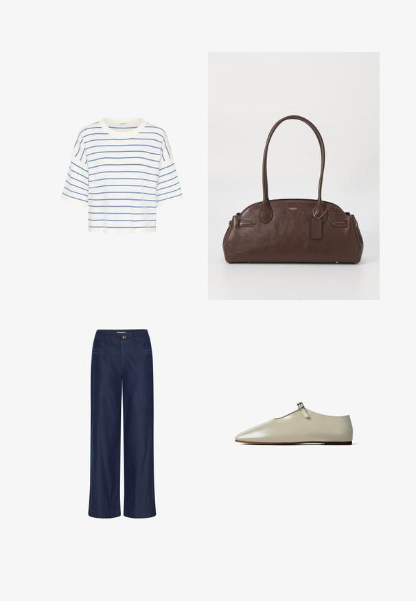 Camiseta recortada de algodón blanco con rayas horizontales azules, con mangas cortas y escote redondo. Diseño simple y casual.; ICHI IHFlared - Vaqueros a campana - dark blue; Zapato plano beige con punta, con una delgada correa de hebilla y una suela baja marrón, mostrado de lado sobre un fondo blanco.; Bolso de mano de cuero marrón con textura suave, forma redondeada y doble asa. Presenta un logo dorado y una pequeña etiqueta adjunta.