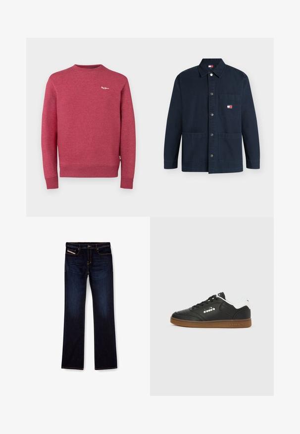 Sudadera roja hecha de tejido texturizado, con cuello redondo, puños y bajo de canalé. Pequeño logo blanco en el pecho.; Chaqueta azul marino con botones, tres bolsillos delanteros, cuello y un pequeño logo de Tommy Jeans en el bolsillo superior izquierdo.; Jeans de mezclilla de color azul oscuro con corte recto, con costuras naranjas, cremallera en la bragueta y bolsillos delanteros. Textura suave y cinturilla estándar.; Zapatilla negra de cuero con lengüeta en el talón blanca, suela de goma, cordones negros y logo plateado de Diadora en el lateral y la suela.