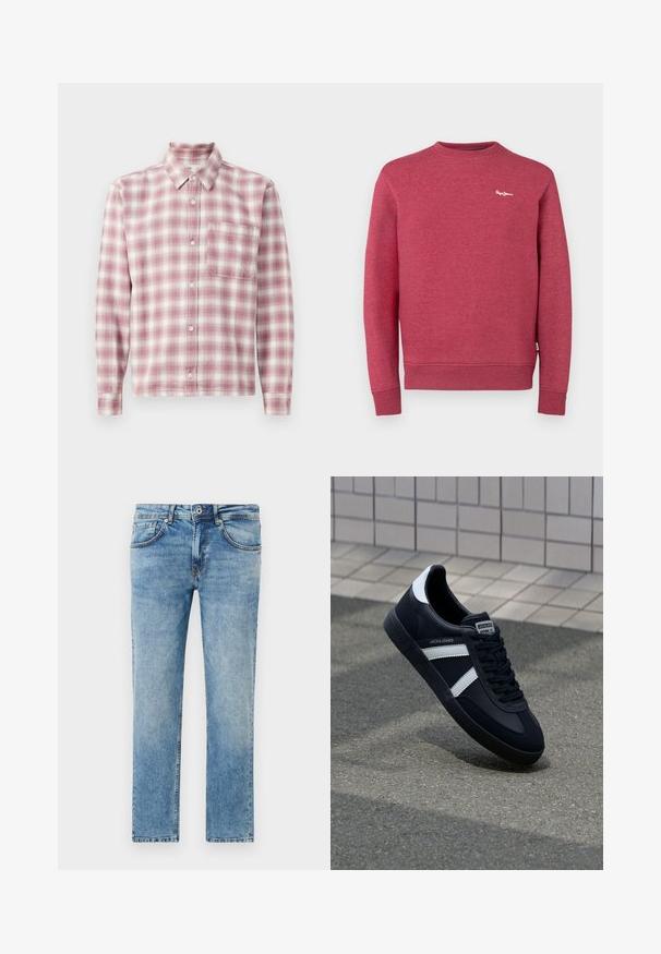 Rød sweatshirt lavet af tekstureret stof, med rund hals, ribbede ærmer og kant. Lille hvidt logo på brystet.; Langærmet plaid skjorte i pink og hvid. Fremstillet af et blødt stof med knap-ned krave, enkelt brystlomme og knaplukninger.; Lysblå jeans lavet af denim med et lige ben-design, der har fem lommer, subtile stingdetaljer og en falmet finish.; Sort lædersneaker med hvide striber, tekstureret gummisål og snørrebånd foran. Har et brandet mærke på tungen.