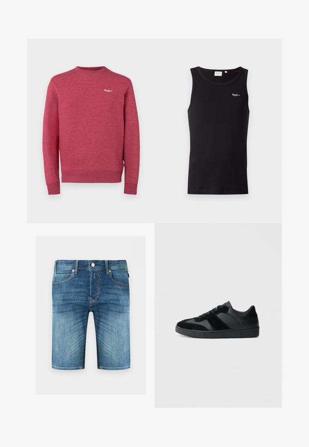Sweatshirt rouge en tissu texturé, avec col rond, poignets et ourlet côtelés. Petit logo blanc sur la poitrine.; Débardeur noir côtelé sans manches avec encolure ronde et petit logo blanc "Pepe Jeans" sur la poitrine gauche.; Shorts en denim bleu pour homme avec bouton devant, fermeture éclair, passants de ceinture et détails délavés sur les cuisses et les poches.; Baskets noires combinant cuir lisse et daim, avec une semelle en caoutchouc noire texturée et un détail de rayures discrètes.