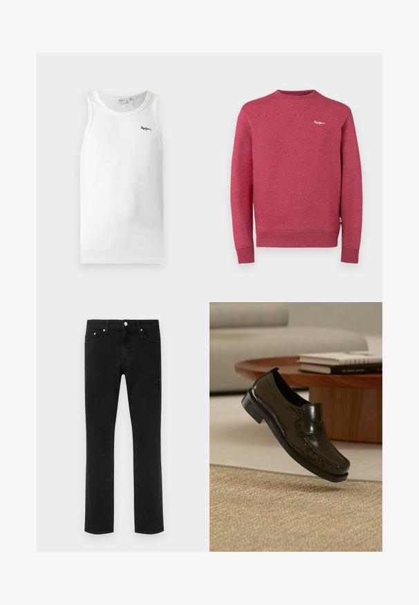 Sweatshirt rouge en tissu texturé, avec col rond, poignets et ourlet côtelés. Petit logo blanc sur la poitrine.; Débardeur blanc côtelé sans manches avec encolure arrondie et petit logo noir brodé sur la poitrine gauche.; Jeans noirs à jambes droites avec cinq poches et des détails délicatement usés sur un fond clair uni.; Mocassin en cuir noir à enfiler flottant au-dessus d'un tapis beige tissé avec une table basse en bois et des livres en arrière-plan.