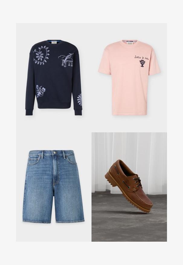 Sweat-shirt bleu marine avec des motifs brodés lavande clair, comprenant une vigne en forme de cœur, un oiseau sur une arche, un motif floral et une marguerite sur la manche.; T-shirt rose clair à manches courtes avec texte noir "Scotch & Soda" et un graphisme stylisé d'un visage sur le côté gauche de la poitrine.; Short en jean bleu avec bouton à l'avant, passants de ceinture et poches avant, présenté sur fond blanc uni.; Chaussure de bateau en cuir marron avec des lacets noirs, des coutures beiges et une semelle robuste, suspendue au-dessus d'un sol en béton gris.