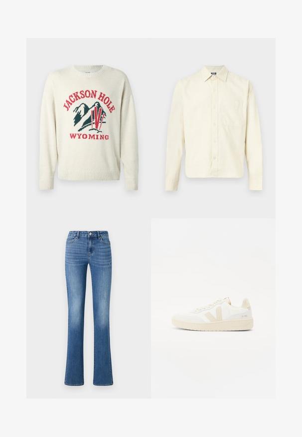Helle Cremefarbenes Sweatshirt mit grober Strickstruktur. Besitzt ein grafisches Design mit "JACKSON HOLE" und "WYOMING" in Rot und Grün. Runde Halslinie.; Langärmeliges cremefarbenes Hemd mit Kragen, vorderen Knöpfen und einer einzelnen Brusttasche, vor einem hellen Hintergrund präsentiert.; ONLY ONLWAUW MID WAIST - Jeans Slim Fit - medium blue denim; Weißer Sneaker mit beigen Akzenten, ausgestattet mit einem strukturierten Obermaterial, runder Zehenpartie und einer dicken Gummisohle. Das Design umfasst das ikonische V-Logo und Branding.