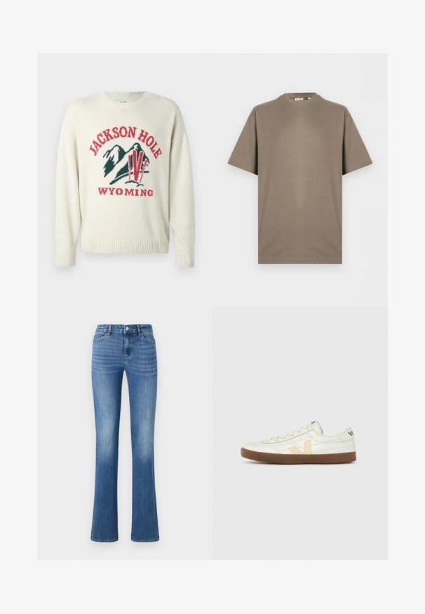 Helle Cremefarbenes Sweatshirt mit grober Strickstruktur. Besitzt ein grafisches Design mit "JACKSON HOLE" und "WYOMING" in Rot und Grün. Runde Halslinie.; Schlichtes kurzärmeliges Baumwoll-T-Shirt in Taupe mit Rundhalsausschnitt und entspannter Passform, auf weißem Hintergrund dargestellt.; ONLY ONLWAUW MID WAIST - Jeans Slim Fit - medium blue denim; Weißer Sneaker in niedriger Ausführung mit beigem "V"-Logo, brauner Gummisohle, Schnürsenkeln und schwarzem Text an Ferse und Zunge vor neutralem Hintergrund.