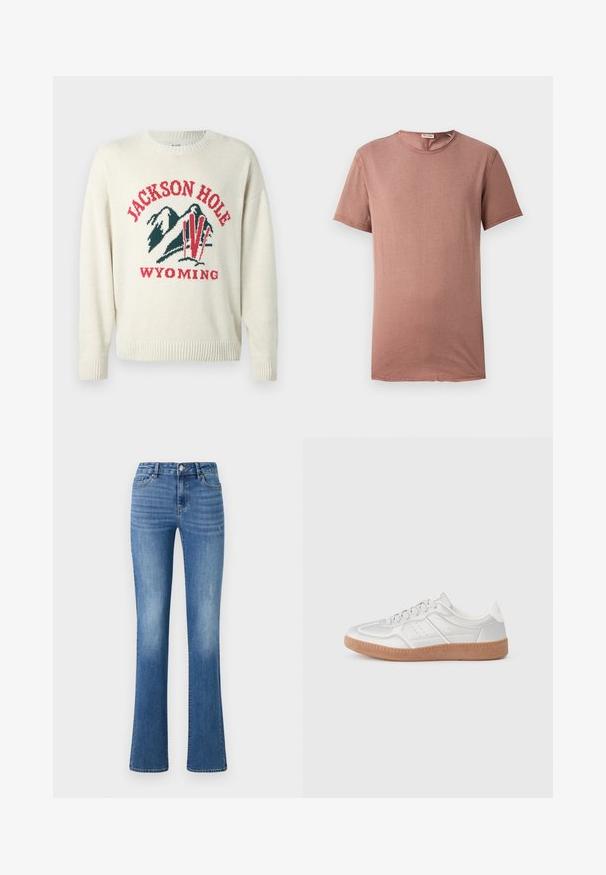 Suéter de crema claro con una textura de punto grueso. Presenta un diseño gráfico con "JACKSON HOLE" y "WYOMING" en rojo y verde. Cuello redondo.; Camiseta de manga corta y cuello redondo en rosa polvo. Tejido suave con detalles mínimos y corte recto, adecuada para el uso diario.; ONLY ONLWAUW MID WAIST - Vaqueros slim fit - medium blue denim; Zapatillas plateadas con una textura suave, diseño de cordones, acentos perforados y una suela de goma marrón texturizada.