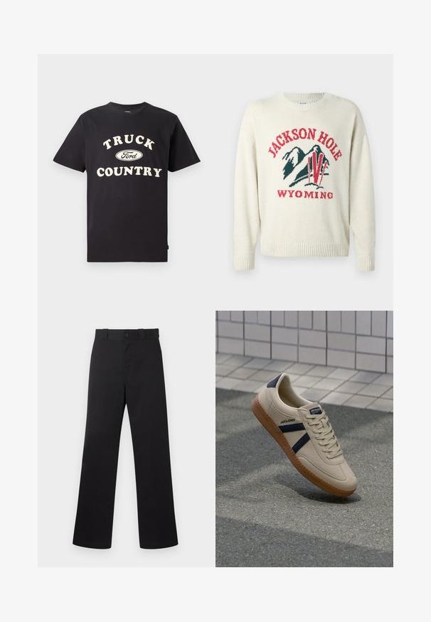 Helle Cremefarbenes Sweatshirt mit grober Strickstruktur. Besitzt ein grafisches Design mit "JACKSON HOLE" und "WYOMING" in Rot und Grün. Runde Halslinie.; Schwarzes Baumwoll-T-Shirt mit kurzen Ärmeln, das "TRUCK COUNTRY" in cremigem Text und einem Ford-Logo-Design auf der Vorderseite zeigt.; Schwarze gerade geschnittene Hose mit Gürtelschlaufen, vorderer Knopf- und Reißverschluss, präsentiert auf einem schlichten hellen Hintergrund.; Beige Sneaker mit strukturierter Oberfläche, dunkelblauen Streifen und Gummisohle. Verfügt über eine gepolsterte Zunge und ein traditionelles Schnürsystem für einen sicheren Sitz.