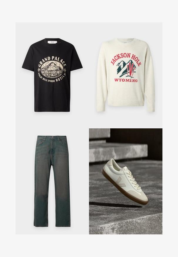 Lichte romige trui met een grove gebreide textuur. Heeft een grafisch ontwerp met "JACKSON HOLE" en "WYOMING" in het rood en groen. Ronde halslijn.; Zwart katoenen t-shirt met een beige grafische print van een berg en de tekst "Grand Palace Replay Belle Epoque Hotel." Eenvoudig ontwerp met ronde hals.; Donkergroene spijkerbroek met rechte pijpen, voorzien van een klassiek ontwerp met vijf zakken en contrasterende stiksels langs de naden.; Witte leren sneakers met een bruine rubberen zool, platte veters en een V-vormig accent aan de zijkant. Ze hebben een glad oppervlak en minimale stikdetails.