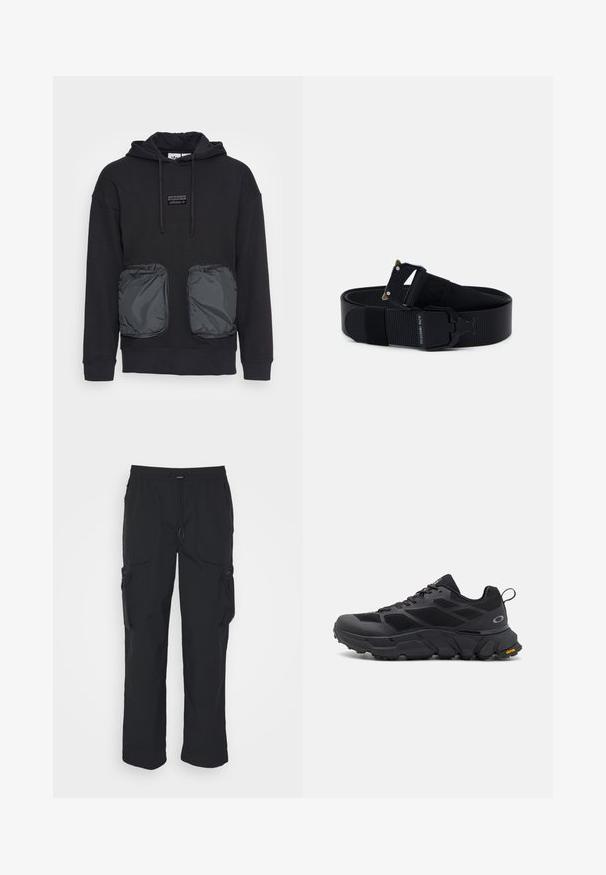 Sudadera negra con capucha y corte holgado, con dos grandes bolsillos delanteros con cremallera en un material brillante. Pequeño parche con el logo encima de los bolsillos.; Pantalones cargo negros hechos de tejido tejido. Cuenta con una cinturilla ajustable, bolsillos laterales y dos bolsillos de utilidad con cremalleras.; Zapatos deportivos negros con una suela gruesa, parte superior de malla y sintético, acentos texturizados y marca Vibram en la suela exterior.; Cinturón de nylon negro con un acabado texturizado, que cuenta con una hebilla de metal negro y detalles en dorado. Longitud ajustable con marca en la correa.