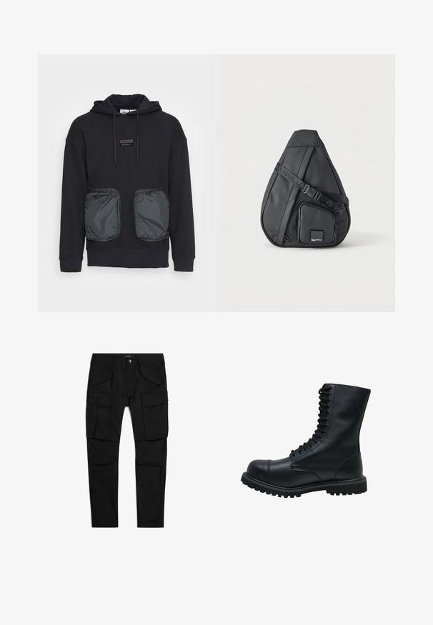 Schwarzer Kapuzenpullover mit lässiger Passform, ausgestattet mit zwei großen Reißverschlusstaschen aus glänzendem Material auf der Vorderseite. Kleines Logopatch über den Taschen.; Schwarze Cargohose mit mehreren Klappentaschen vorne und an den Seiten, Knopfverschluss und Gürtelschlaufen, flach auf weißem Hintergrund ausgelegt.; Schwarze Leder Schnürstiefel mit runder Zehenkappe, hohem Schaft, dicker Gummisohle und texturierter Oberfläche. Enthält verstärkte Nähte entlang der Nähte.; Schwarze Crosbody-Tasche in Tropfenform mit verstellbarem Riemen und vorderer Reißverschlusstasche mit kleinem Markenlogo-Patch.