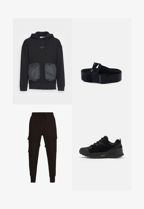 Sweat à capuche noir à coupe décontractée, avec deux grandes poches zippées en matériau brillant à l'avant. Petite écusson logo au-dessus des poches.; Pantalons cargo noirs avec taille élastique à cordon, poches latérales et accents texturés sur les poches cargo et les sangles. Poignets ajustés aux chevilles.; Chaussure de sport noire dotée d'un upper en mesh et en synthétique, d'une semelle en caoutchouc texturé, d'accents déperlant et de détails réfléchissants.; Ceinture en nylon noir avec une finition texturée, dotée d'une boucle en métal noir et d'accents dorés. Longueur réglable avec un logo sur la sangle.