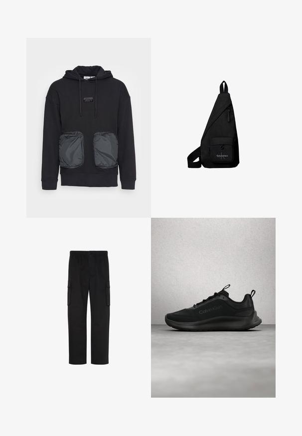 Sudadera negra con capucha y corte holgado, con dos grandes bolsillos delanteros con cremallera en un material brillante. Pequeño parche con el logo encima de los bolsillos.; Pantalones cargo negros de pierna recta con cintura elástica, cierre de botón y dos bolsillos con solapa en los lados.; Zapatilla negra Calvin Klein con cordones, flotando sobre un suelo gris pulido cerca de una pared de bloques de vidrio y una columna blanca.; Bolso bandolera triangular negro con bolsillo frontal con cremallera con el logo de Calvin Klein y correa ajustable.