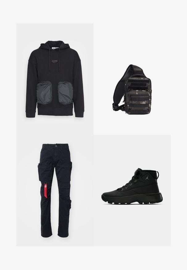 Sudadera negra con capucha y corte holgado, con dos grandes bolsillos delanteros con cremallera en un material brillante. Pequeño parche con el logo encima de los bolsillos.; Pantalones cargo negros con múltiples bolsillos laterales, un pasador para cinturón y una etiqueta de tela roja en el lado izquierdo. Hechos de un material de algodón duradero.; Zapatillas deportivas negras de caña alta con un upper sintético texturizado, featuring ojales de metal, cordones negros y una suela de goma con patrones de tracción.; Bolsa táctica de bandolera compacta en camuflaje negro y gris con múltiples compartimentos con cremallera y correa de hombro acolchada y ajustable.