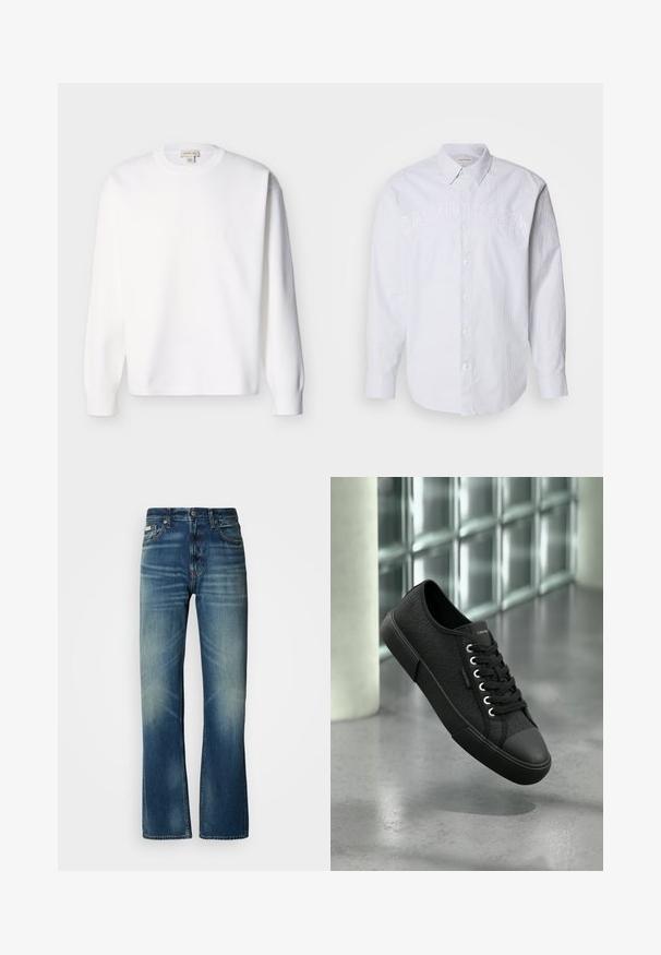 Witte katoenen longsleeve trui met een ronde hals en geribbelde manchetten. Eenvoudig ontwerp zonder zichtbare patronen of afbeeldingen.; Witte lange mouwen shirt van linnen met verticale blauwe strepen, voorzien van een knoopsluiting aan de voorkant en een reliëf "CALVIN KLEIN" logo over de borst.; Blauwe denim jeans met een rechte pasvorm, medium wassing, vervaagde details, vijf zakken en een knoopsluiting. Duidelijke stiknaad langs de naden.; Zwarte laag model sneaker met een gestructureerd patroon, zwarte zool en veters, zwevend boven een gepolijste betonnen vloer bij glasblokken.