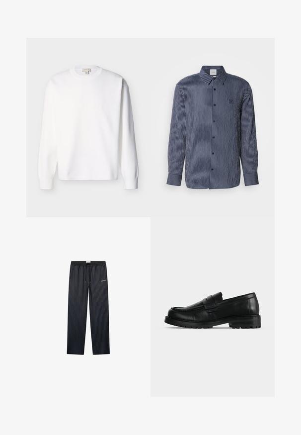 Sweat-shirt blanc en coton à manches longues avec un col rond et des poignets côtelés. Design simple sans motifs ni graphismes visibles.; Chemise bleue marine à boutons avec des rayures verticales blanches, manches longues, col pointu et logo brodé sur la poitrine.; Pantalons de loisirs bleu marine foncé avec des rayures verticales, taille élastique, cordon de serrage, et logo "LES DEUX", présentant une coupe décontractée et large.; Mocassin en cuir noir avec semelle épaisse et couture moc toe, vu de profil sur un fond uni clair.