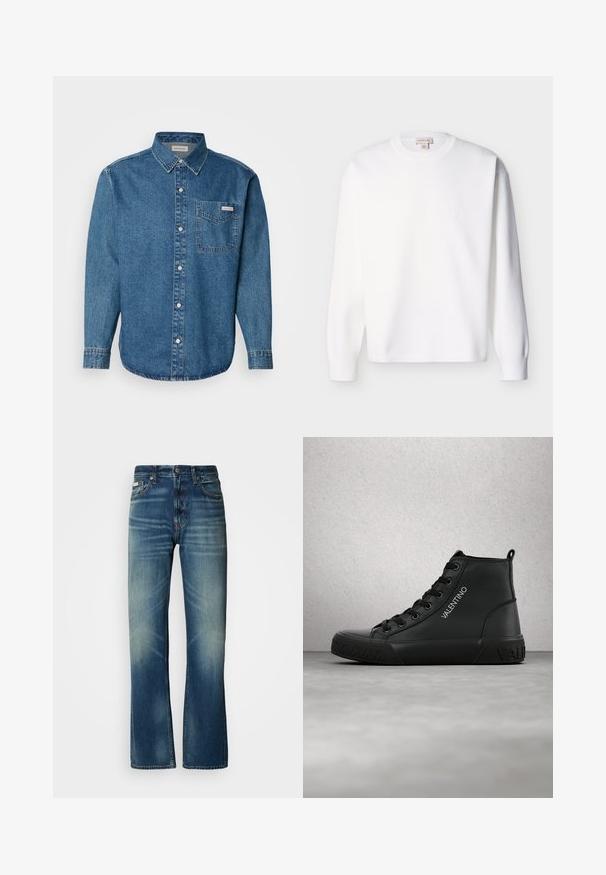 Weißes Sweatshirt aus Baumwolle mit langen Ärmeln, Rundhalsausschnitt und gerippten Bündchen. Einfaches Design ohne sichtbare Muster oder Grafiken.; Blaues Denim-Hemd mit langen Ärmeln, Button-Down-Kragen, Brusttasche und kontrastierenden Nähten. Der Stoff hat eine glatte Textur und einen lässigen Stil.; Blaue Jeans aus Denim mit geradem Schnitt, mittlerer Waschung, ausgewaschenen Details, fünf Taschen und einem Knopfverschluss. Auffällige Nähte entlang der Nähte.; Schwarze Sneaker mit hohem Schaft, die eine glatte Lederaußenfläche, ein Schnürdesign, Logodetails und eine profilierte Gummisohle aufweisen.