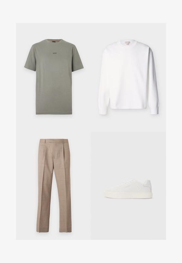 Sweat-shirt blanc en coton à manches longues avec un col rond et des poignets côtelés. Design simple sans motifs ni graphismes visibles.; T-shirt en coton gris à manches courtes et col rond. Présente un logo "BOSS" discret dans une teinte plus foncée sur la poitrine.; Pantalon beige sur mesure avec plis, jambes droites, passants pour ceinture et fermeture avant dissimulée, sur un fond neutre.; Baskets blanches avec une tige synthétique lisse, bout rond et semelle plate blanche. Caractérisées par des coutures ton sur ton et un branding minimaliste sur le côté.