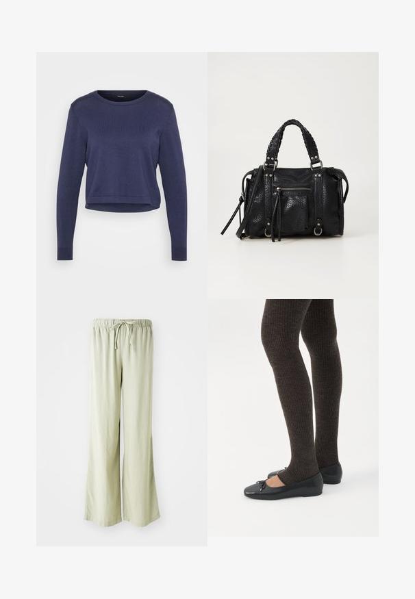 Mørkeblå cropped sweater lavet af blødt strikket materiale. Har rund halsudskæring og lange ærmer med ribbede manchetter. Enkel, strømlinet design.; Lys grønne bredbenede bukser med elastisk talje og snøre. Lavet af et blødt, tekstureret stof; kantede kanter uden synlige mønstre.; Ben iført mørke ribbede leggings kombineret med sorte balletsko med små sløjfedetaljer på hvid baggrund.; Sort struktureret faux læder håndtaske med flettede remme, sølv hardware detaljer og en front lynlåslomme. Kompakt design med aftagelig skulderrem.