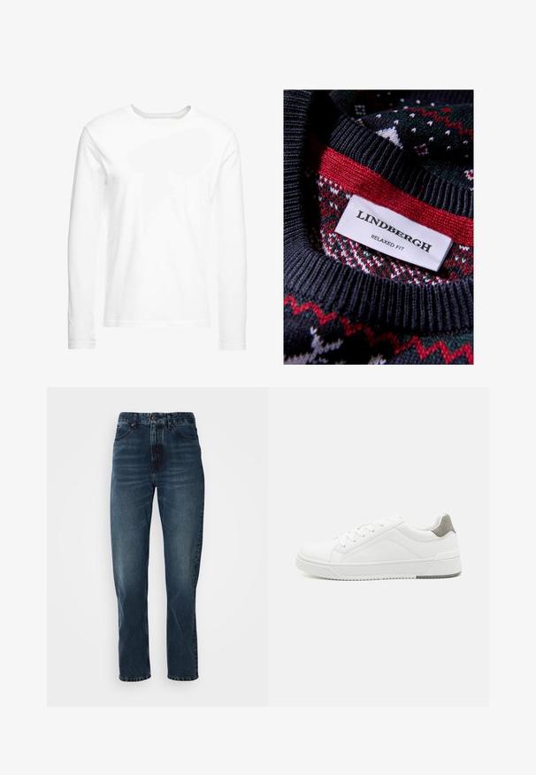 Pull en maille noir avec un motif texturé, agrémenté de accents rouges et verts. Étiquette indiquant "LINDBERGH RELAXED FIT."; T-shirt blanc à manches longues en coton doux. Encolure ronde avec des ourlets droits et sans motifs ni graphiques visibles.; Jeans droits bleu foncé avec fermeture à bouton et zip à l'avant, design à cinq poches, et subtile décoloration sur les cuisses et les genoux.; Basket blanche en cuir lisse, à bout arrondi, design minimaliste, accent de talon gris et semelle en caoutchouc texturé.