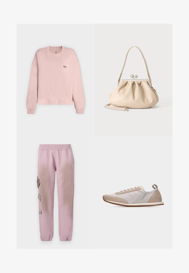 Hellrosa Sweatshirt mit Rundhalsausschnitt, gerippten Bündchen und Saum, kleines schwarzes "lala Berlin"-Logo auf der linken Brust.; Rosa Sweatpants mit elastischem Bund, verziert mit dekorativen Patches in Diamantform auf der linken Seite und elastischen Bündchen an den Knöcheln.; Hellbeiger Sneaker mit weißen Schnürsenkeln, Wildlederakzenten an Zehen und Ferse, weichen Stoffseiten und einer dünnen braunen Gummisohle, Seitenansicht.; Beige weiche Lederhandtasche mit silbernem Metallrahmenverschluss, einem Schulterriemen und einem optionalen Kettenriemen auf weißem Hintergrund.