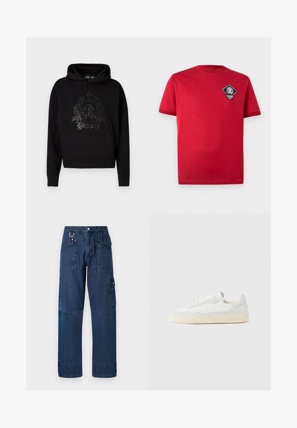 Sort hættetrøje med en forlomme, snore og et glinsende, detaljeret logo på brystet. Blød stoftekstur.; Rød bomulds-T-shirt med korte ærmer, rund hals og et sort-hvidt logo i diamantform på venstre bryst.; Mørkeblå denim cargo bukser med lige snit, der har flere lommer, metalbeslag og kontraststikningsdetaljer.; Hvid sneakers med en øvre del i tekstureret ruskind og læder. Har rundet tå, snørelukning og kontrasterende beige gummisål.