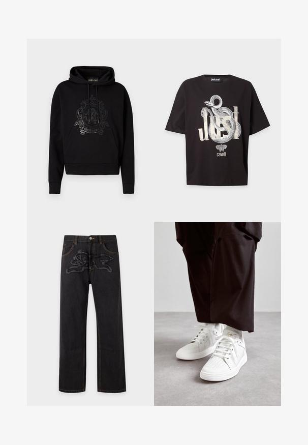 Zwarte hoodie met een voorzak, trekkoorden en een glanzend, sierlijk logo op de borst. Zacht weefsel.; Zwarte T-shirt met korte mouwen met een grote witte slangengrafiek die zich om het woord "just" wikkelt, en een kleine vlinder en tekst "cavalli" eronder.; Zwarte jeans met rechte pijpen en een getextureerd geborduurd cartoonkonijnontwerp op het bovenste gedeelte van de voorkant van het bovenbeen.; Witte hoge sneakers van soepel leer hebben een geperforeerde neus, platte witte veters en een subtiele gouden accenten op de hak.