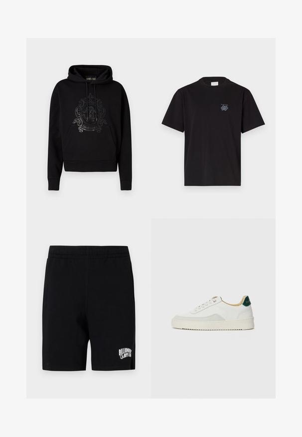 Schwarzer Kapuzenpullover mit einer Fronttasche, Kordelzügen und einem glänzenden, kunstvollen Logodesign auf der Brust. Weiche Stoffstruktur.; Schwarzes Baumwoll-T-Shirt mit Rundhalsausschnitt und kurzen Ärmeln. Mit einem kleinen blauen Logo auf der linken Brust. Einfaches, gerade geschnittenes Design.; Schwarze Shorts aus weichem Baumwollmix mit einem elastischen Bund, versehen mit einem weißen Logo auf dem linken Bein und Seitentaschen.; Weiße Sneaker mit Wildlederelementen, runder Zehenpartie, flachen Schnürsenkeln und einer cremefarbenen Gummisohle. Mit grünen Markenlogo am Fersenbereich.