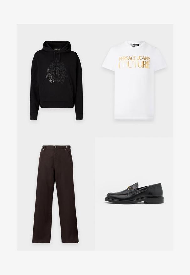 Sort hættetrøje med en forlomme, snore og et glinsende, detaljeret logo på brystet. Blød stoftekstur.; Hvid kortærmet T-shirt med gyldent metallisk "Versace Jeans Couture" tekst på fronten og rund halsudskæring.; Mørkebrune lige bukser med knapdetaljer på taljen og to forlommer, præsenteret på en hvid baggrund.; Sorte læder loafers med en rund tå, der har guld hardware accent og syningsdetaljer, placeret på en lav, tekstureret gummisål.