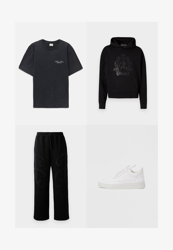 Zwarte hoodie met een voorzak, trekkoorden en een glanzend, sierlijk logo op de borst. Zacht weefsel.; Zwarte korte mouwen crew neck t-shirt met klein wit "Filling Pieces" tekstlogo op de linkerborst.; Zwarte sweatpants met een comfortabele pasvorm, voorzien van complexe draaiende stikpatronen langs de zijkanten en een elastische tailleband met trekkoord.; Witte leren sneaker met een afgeronde neus, platte zool en veters aan de voorkant. Voorzien van stikseldetails en een gevoerde kraag voor comfort.