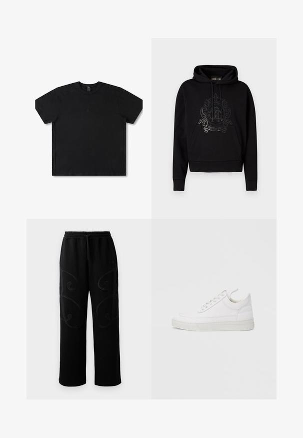 Sort hættetrøje med en forlomme, snore og et glinsende, detaljeret logo på brystet. Blød stoftekstur.; Sort kortærmet t-shirt lavet af bomuld med rund hals, med et diskret logo i midten og en afslappet pasform.; Sorte joggingbukser med en afslappet pasform, der har intrikate spiralmønstre i syningerne langs siderne samt en elastisk talje med snoretræk.; Hvid lædersneaker med rundet tå, flad sål og snørebånd foran. Har syningsdetaljer og polstret krave for komfort.