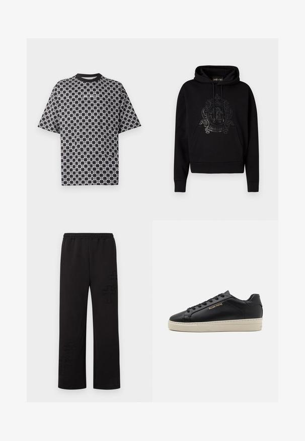 Sweat à capuche noir avec poche avant, cordons de serrage et un logo décoratif brillant sur la poitrine. Texture de tissu doux.; Chemise à manches courtes à carreaux noirs et blancs avec des motifs répétés du symbole de paix circulaire et un col noir.; Pantalon de survêtement noir en tissu doux, doté d'une taille élastique et de motifs croisés subtils sur le bas des jambes. Coupe droite.; Sneaker en cuir noir avec une finition lisse, semelle crème contrastante, bout arrondi, logo doré sur le côté et six œillets pour les lacets.