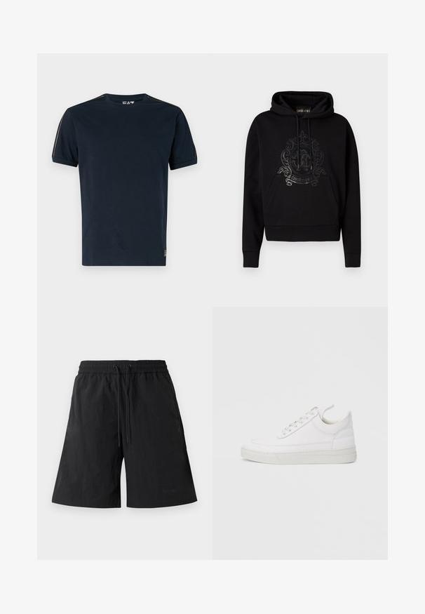 Sort hættetrøje med en forlomme, snore og et glinsende, detaljeret logo på brystet. Blød stoftekstur.; Marineblå t-shirt lavet af bomuld med korte ærmer, rund halsudskæring og teksturerede skulderdetaljer. Logo nederst til venstre.; Sorte shorts lavet af letvægtsstof med en tekstureret overflade, udstyret med elastisk talje og snore til justerbar pasform.; Hvid lædersneaker med rundet tå, flad sål og snørebånd foran. Har syningsdetaljer og polstret krave for komfort.
