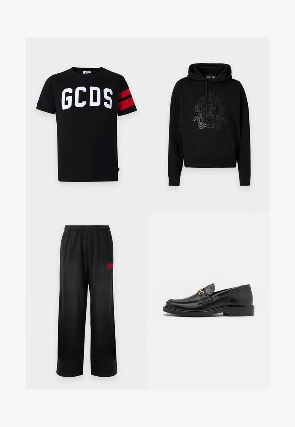 Zwarte hoodie met een voorzak, trekkoorden en een glanzend, sierlijk logo op de borst. Zacht weefsel.; Zwarte katoenen T-shirt met groot wit "GCDS" logo, rode gestreepte accenten op de mouwen, ronde hals en een standaard pasvorm.; Zwarte joggingbroek met elastische tailleband en zijzakken. Bevat het rode 'Billionaire Boys Club' logo op de rechterdij. Zachte, gladde textuur.; Zwarte leren instappers met een ronde neus, voorzien van een gouden hardware accent en stikdetails, geplaatst op een lage, getextureerde rubberen zool.