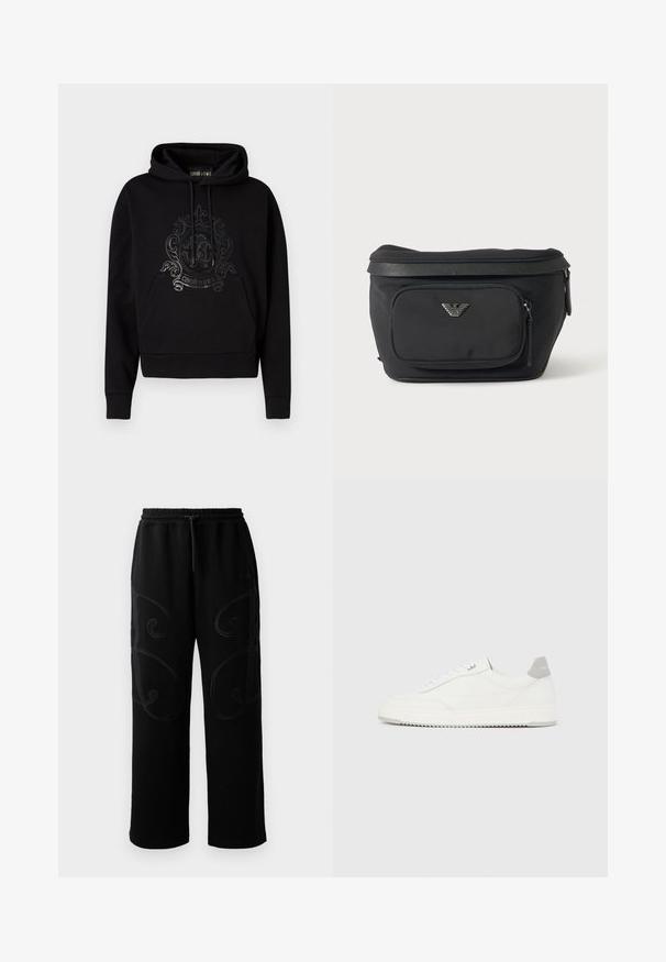 Sudadera negra con capucha que presenta un bolsillo frontal, cordones ajustables y un diseño de logo ornamentado y brillante en el pecho. Textura de tela suave.; Pantalones de chándal negros con corte relajado, que presentan patrones de costura en espiral intrincados a lo largo de los laterales y una cintura elástica con cordón ajustable.; Zapatilla blanca de corte bajo con pestaña en el talón gris, cordones blancos y suela texturizada, presentada sobre un fondo claro y liso.; Riñonera negra con bolsillo frontal con cremallera y logo de águila plateado, tela lisa con ribete texturizado y tiradores de cremallera.
