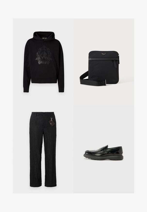 Sudadera negra con capucha que presenta un bolsillo frontal, cordones ajustables y un diseño de logo ornamentado y brillante en el pecho. Textura de tela suave.; Pantalones negros de pierna ancha, texturizados, con un acabado suave y costuras visibles; incluye una etiqueta unida por un lazo de metal plateado.; Mocasín de cuero negro con un acabado brillante, punta redondeada, detalles de costura sutiles y una suela de goma gruesa para mayor durabilidad.; Bolso de hombro negro cuadrado con cierre de cremallera, bolsillo delantero y correa ajustable con nombre de marca en relieve.