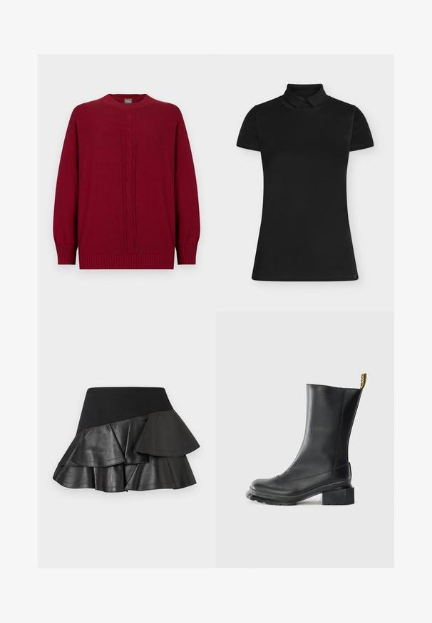 Dunkelroter Pullover mit langen Ärmeln und Rundhalsausschnitt, mit Zopfmuster in der Mitte vorne sowie gerippten Bündchen und Saum.; Kurzärmliges, figurbetontes schwarzes Poloshirt mit klassischem Kragen, flach auf hellem, einfarbigem Hintergrund ausgelegt, ohne sichtbare Logos oder Verzierungen.; Schwarzer, mehrlagiger Minirock mit breitem Bund, versehen mit asymmetrischen, gerafften Einsätzen aus gemischten Stofftexturen.; Schwarze Leder-Stiefelette mit Blockabsatz, glatter Textur, abgerundeter Zehenpartie und einer Fersenschlaufe mit gelbem Branding.