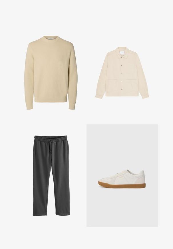 Enkel beige crewneck striktrøje med lange ærmer og ribstrikkede manchetter og kant.; Lysebeige jakke lavet af et tekstureret stof. Har en spids krave, knaplukning foran og to store forlommer.; Grå sweatpants med elastisk talje og justerbar snøre. Fremstillet af blødt stof, med sidelommer og en afslappet pasform.; Hvide sneakers lavet af glat læder med en gummigummisål, der har simpel syning og et lille guldlogo på siden.