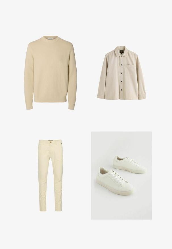 Jersey de punto beige liso con cuello redondo, mangas largas y puños y bajo acanalados.; Camisa beige de manga larga con botones, cuello y un bolsillo en el pecho, hecha de una tela resistente.; Chinos de algodón beige con un corte slim, que cuentan con un cierre de botón y un detalle de costura sutil en los bolsillos. Textura suave con un acabado pulido.; Zapatillas blancas de material sintético texturizado, con puntera redonda, diseño con cordones y suela de goma ligeramente elevada.